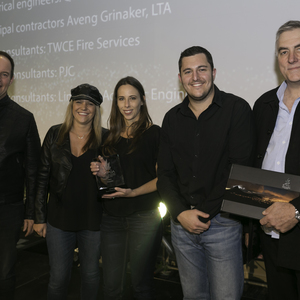Claire D'Adorante, Kirsty Schoombie and Dale Friedman accept the Award For Sasol Interiors